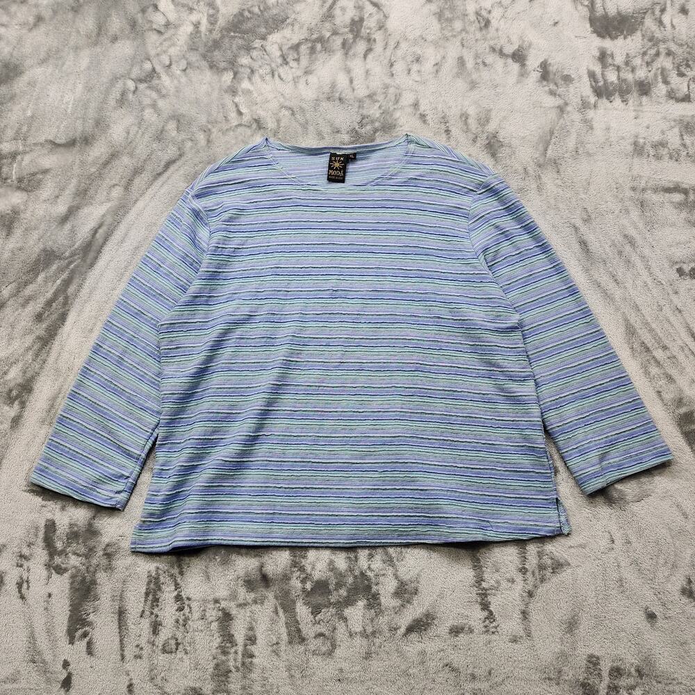 Vintage Sun Moda Top Womens XL Blue‎ Green Striped Textured Knit Cotton Pullover